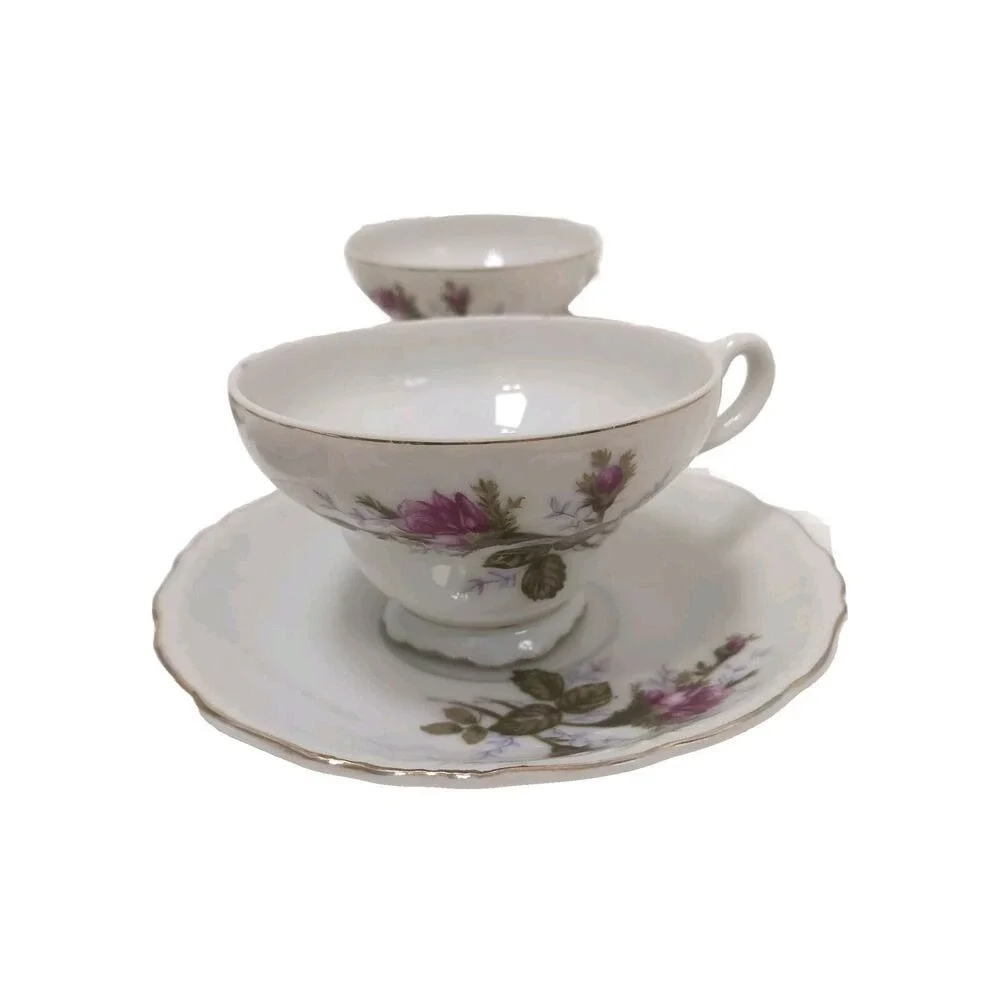 Japan Moss Rose 4 Tea Cup SET with Saucers Made In Handpainted Porcelain VINTAGE